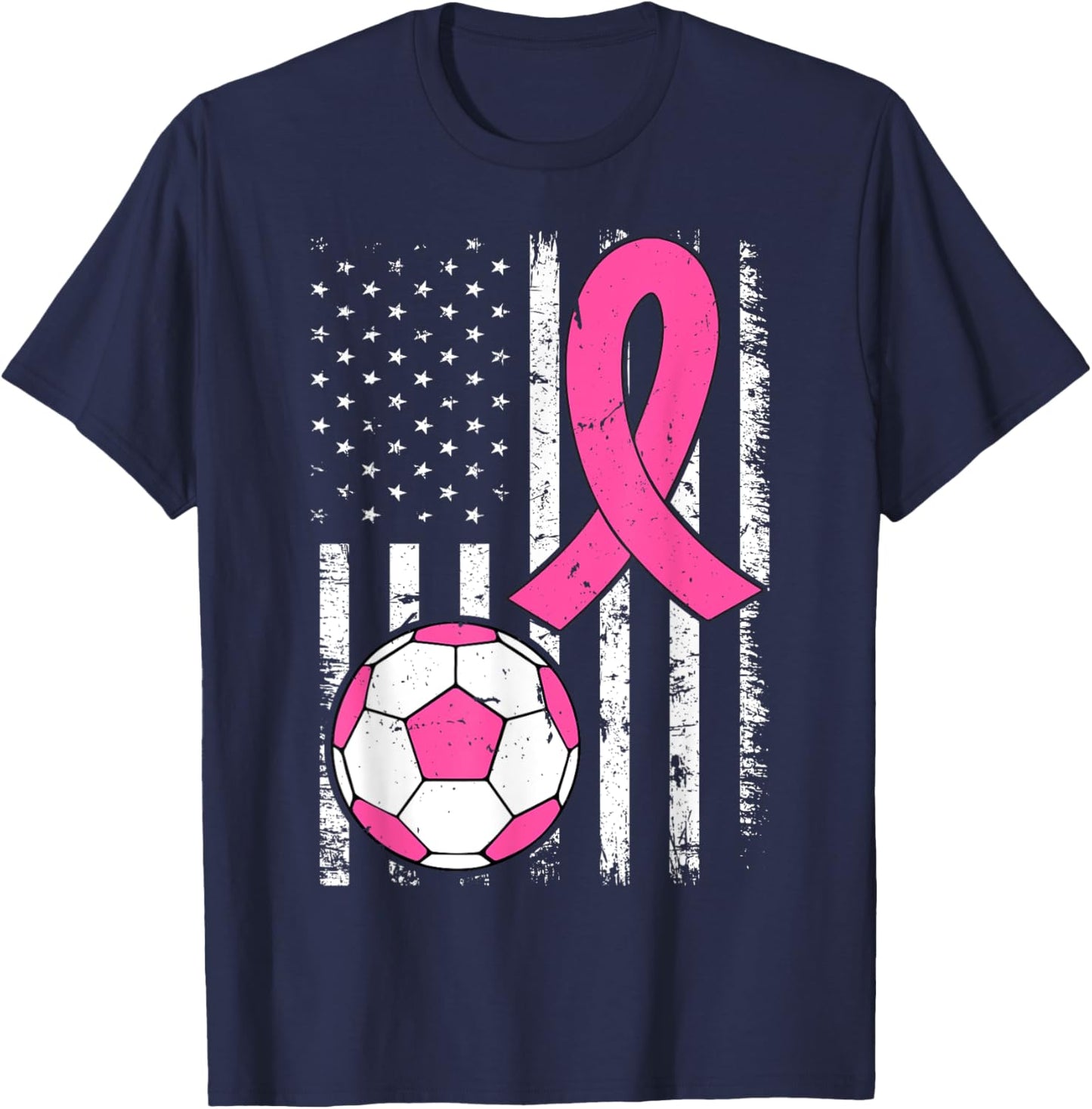 Soccer Ball Ribbon US Flag Breast Cancer Awareness Pink T-Shirt - T-Shirt | Navy