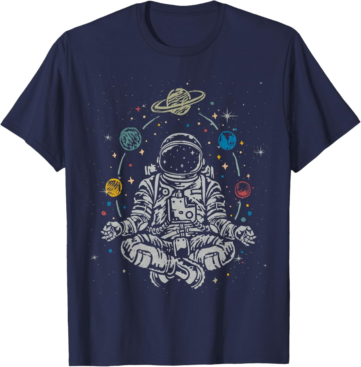 Vintage Lotus Meditating Astronaut Zen Yoga Planets Universe T-Shirt - T-Shirt | Navy