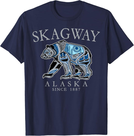 Skagway Alaska Tribal Art Bear Since 1887 Grey Letters T-Shirt - T-Shirt | Navy