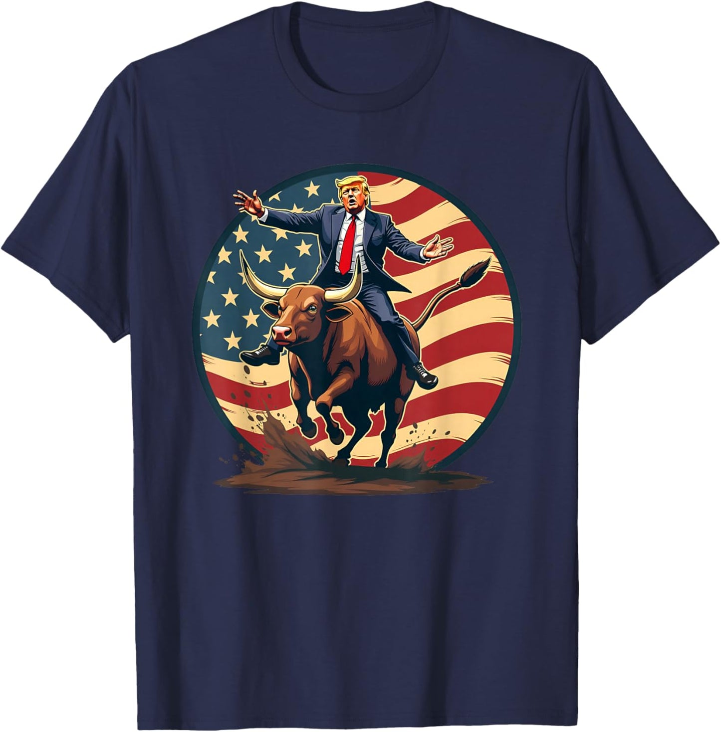 Trump Bull Rider American Flag USA Riding Rodeo Cowboy T-Shirt - T-Shirt | Navy