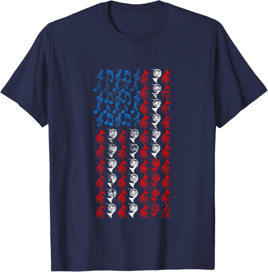 French horn American Flag 4th of July Men Women Hornist USA T-Shirt - T-Shirt | Navy