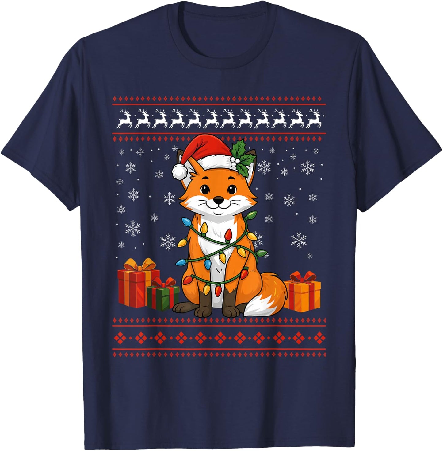 Fox Christmas Ugly Sweater Fox Graphic T-Shirt - T-Shirt | Navy