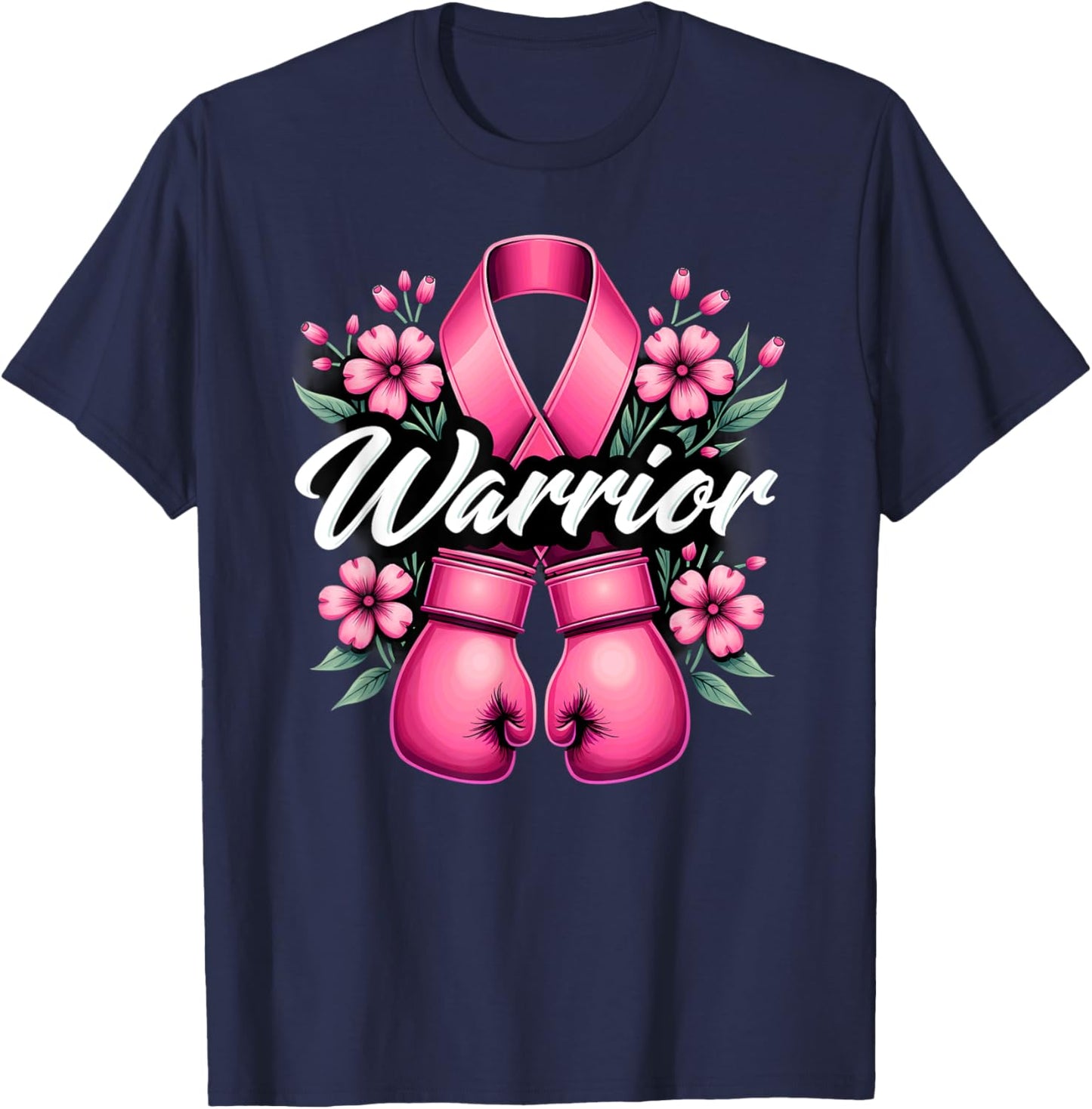 Boxing Gloves Pink Ribbon Breast Cancer Fighter Warrior T-Shirt - T-Shirt | Navy