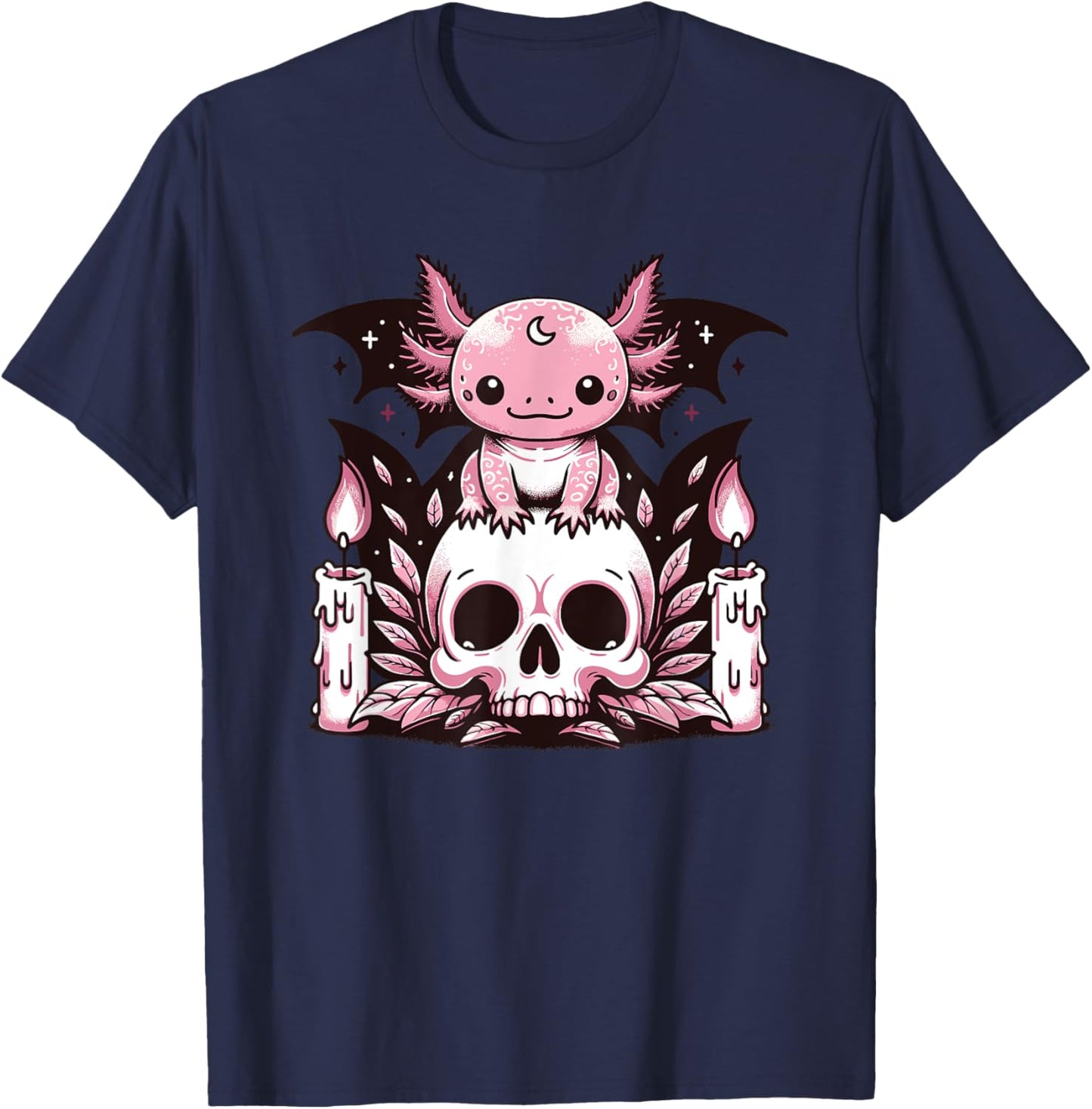 Kawaii Pastel Goth Cute Creepy Axolotl Bat Skeleton T-Shirt - T-Shirt | Navy