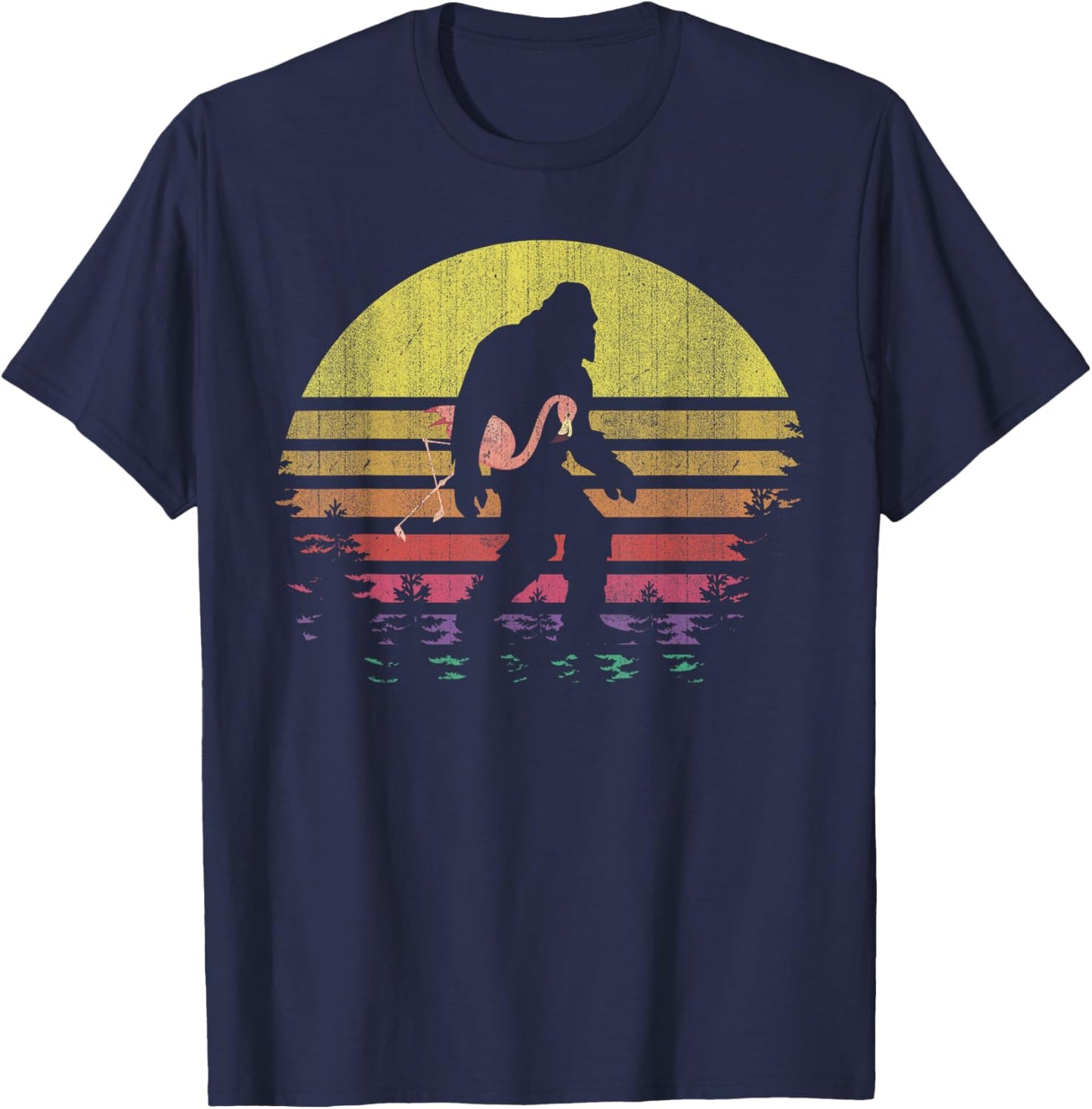 Bigfoot Flamingo Yeti Sasquatch Vintage Sunset T-Shirt - T-Shirt | Navy