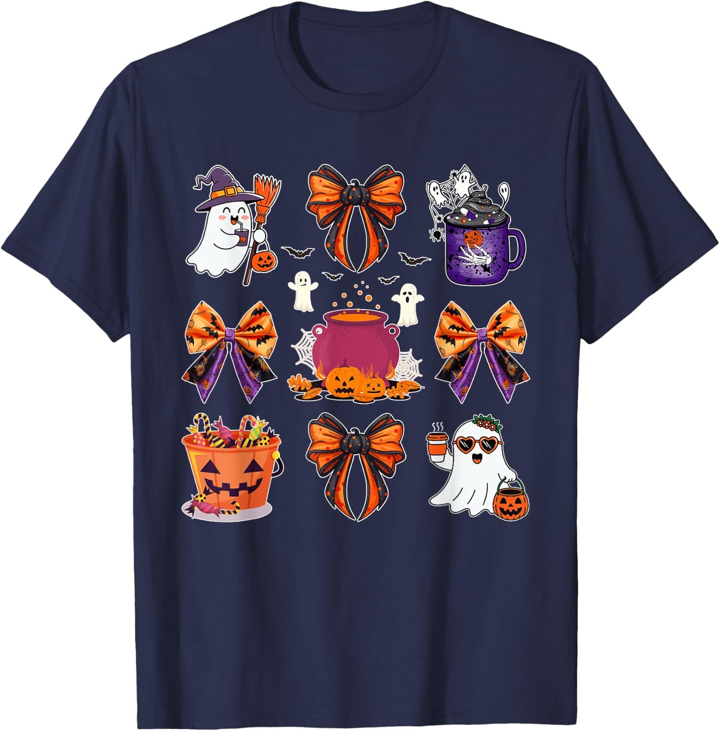 Ghost Boo Candy Buckets Pumpkin Spice Halloween Coquette Bow T-Shirt - T-Shirt | Navy