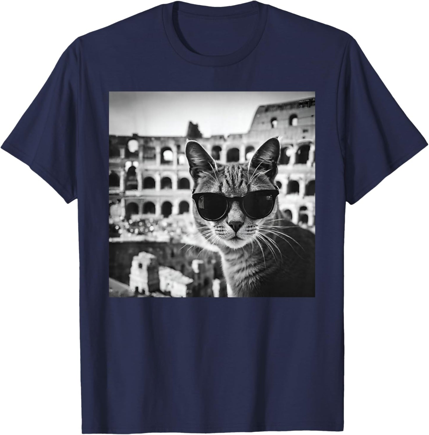 Funny Italy Cat Wearing Sunglasses At The Roman Colosseum T-Shirt - T-Shirt | Navy