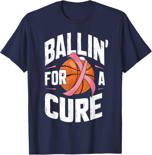 Basketball Breast Cancer Awareness Ballin for a Cure T-Shirt - T-Shirt | Navy