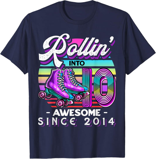 Roller Skating 10th Birthday Girls Rollin 10 Awesome 2014 T-Shirt - T-Shirt | Navy