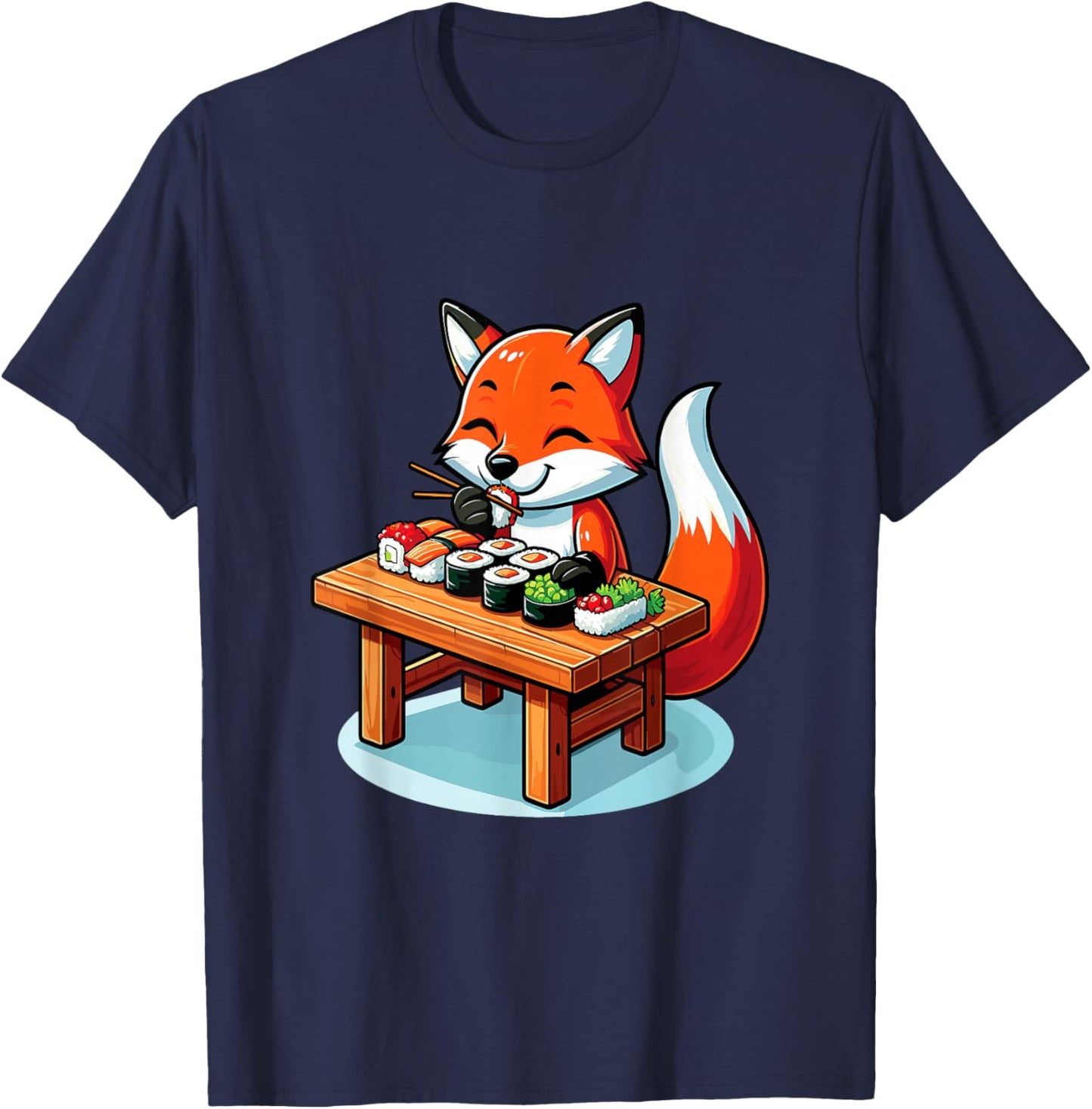 Cute Fox Eating Sushi Japanese Food Sushi Fox Lover T-Shirt - T-Shirt | Navy