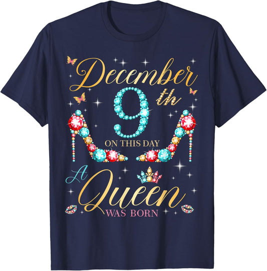On December 9th A Queen Was Born on December 9 Birthday T-Shirt - T-Shirt | Navy