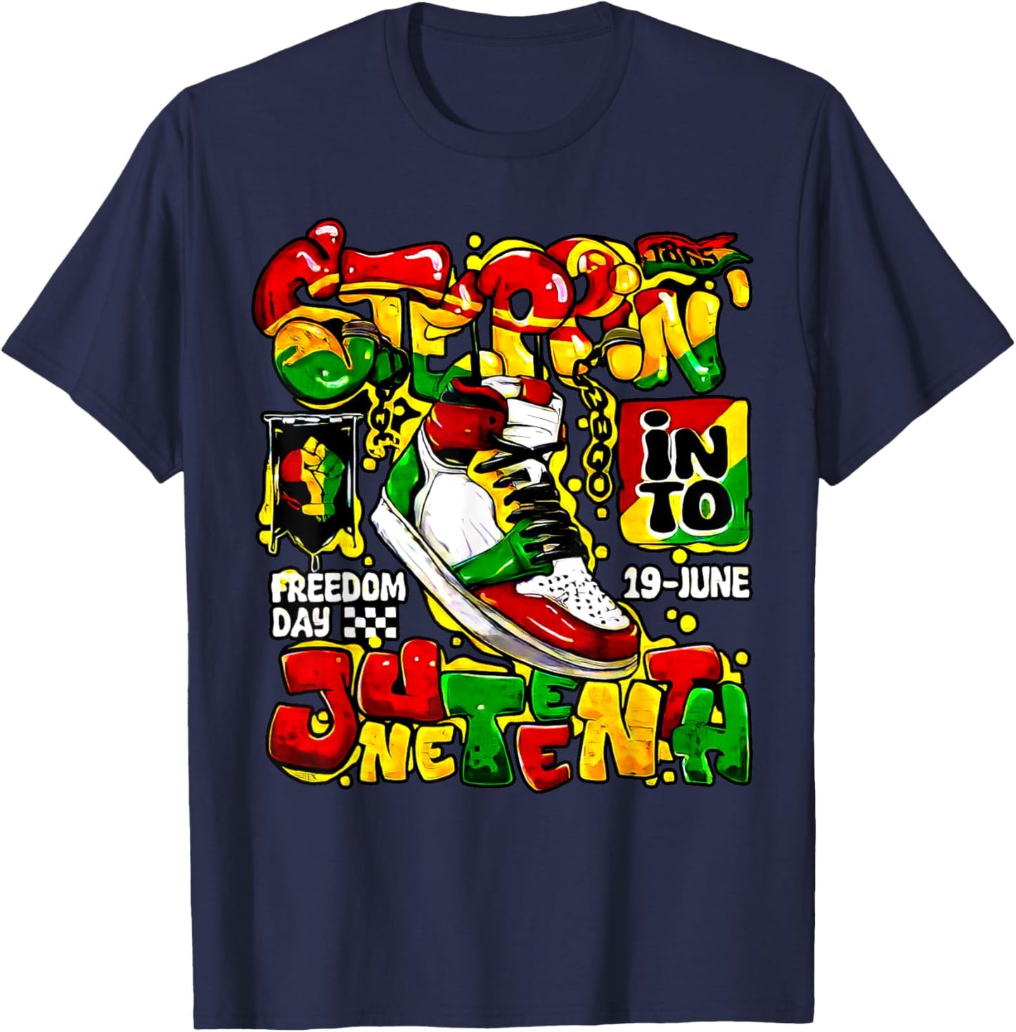 Stepping Into Juneteenth Afro Woman Black Girls Sneakers T-Shirt - T-Shirt | Navy