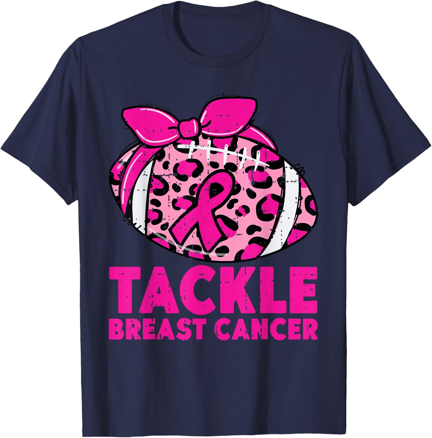 Tackle Breast Cancer Awareness Leopard Football Pink Ribbon T-Shirt - T-Shirt | Navy
