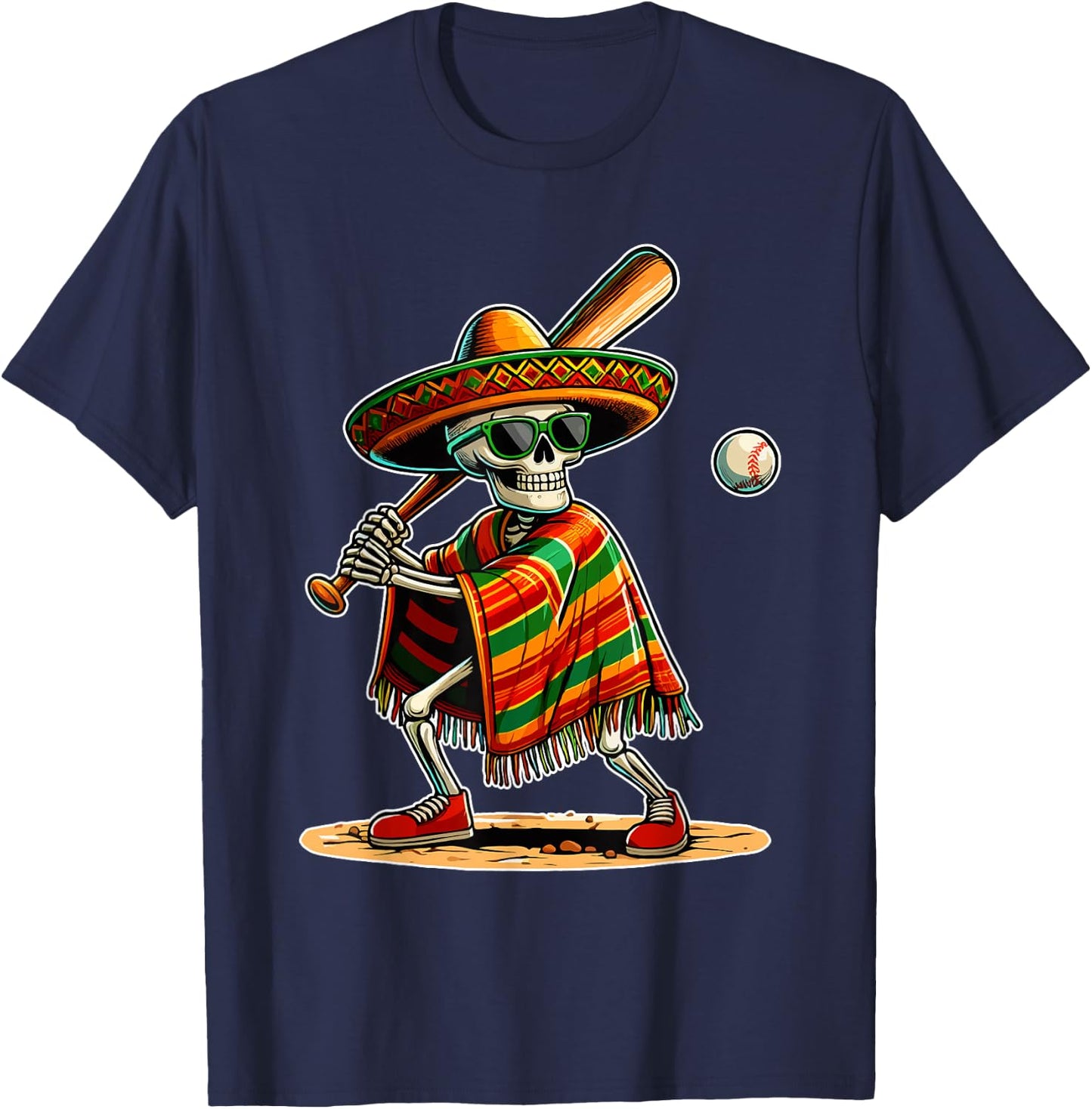 Baseball Skeleton Mexican Sombrero Cinco De Mayo T-Shirt - T-Shirt | Navy