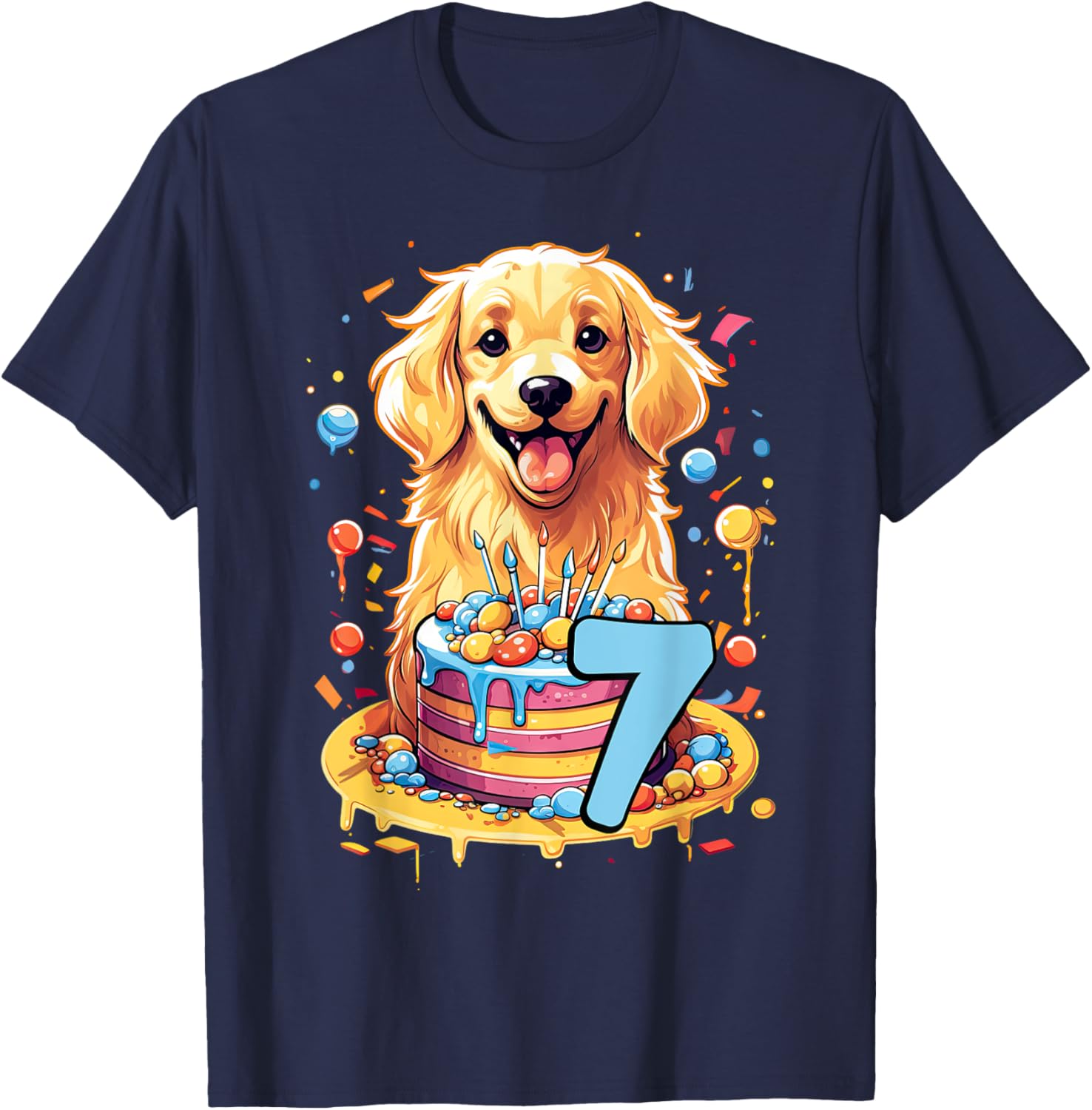 Golden Retriever Dog 7th Birthday Themed Party 7 Men Women Kids T-Shirt - T-Shirt | Navy