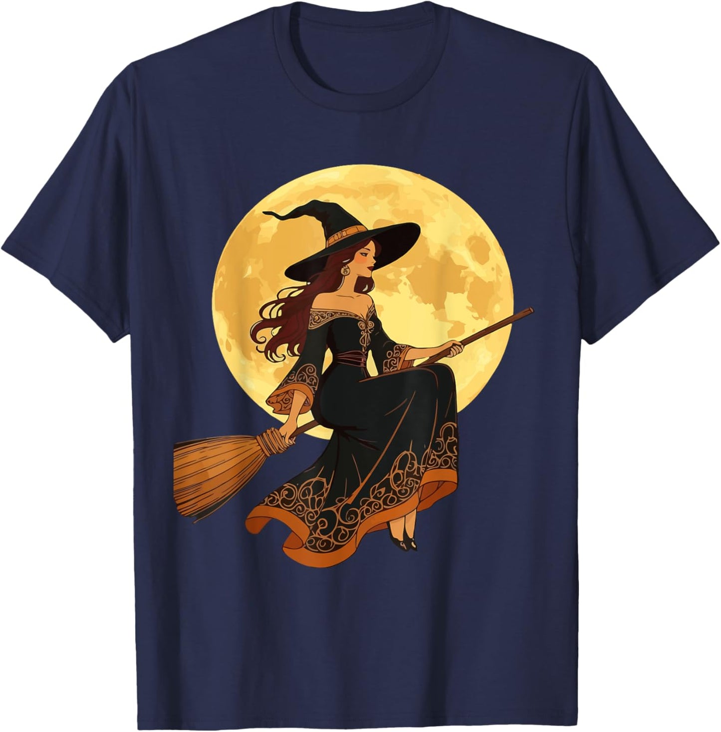 Young Goth Witch Sat Astride A Besom Vector Art T-Shirt - T-Shirt | Navy