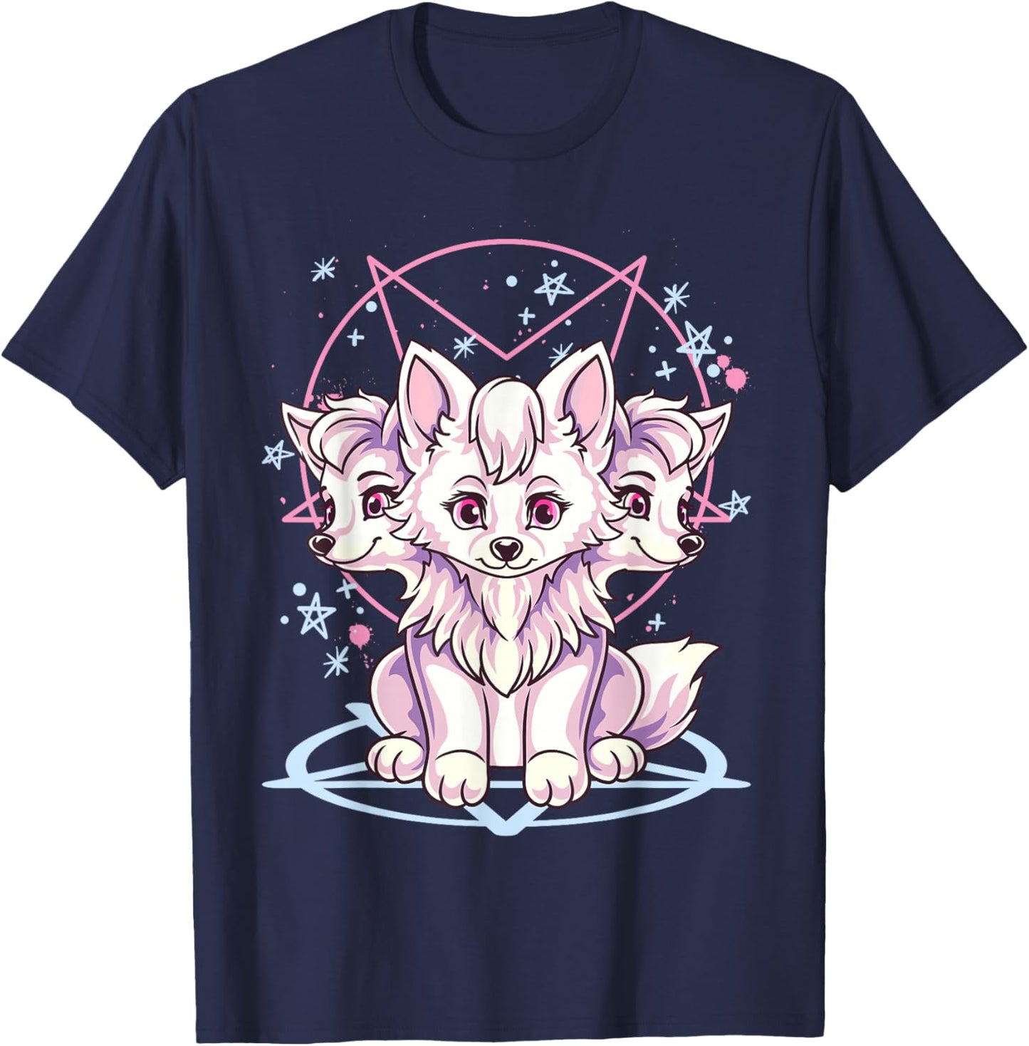 Cute Kawaii Creepy Pastel Goth 3 Headed Cerberus Dog Anime Women Girls Kids T-Shirt - T-Shirt | Navy