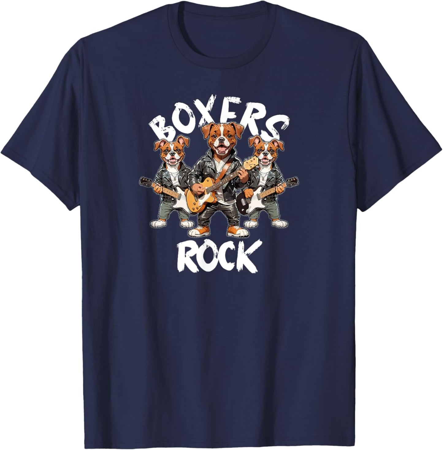 Boxers Rock Cool Boxer Dog Trio Rocking Playing Guitar Men Women Kids T-Shirt - T-Shirt | Navy