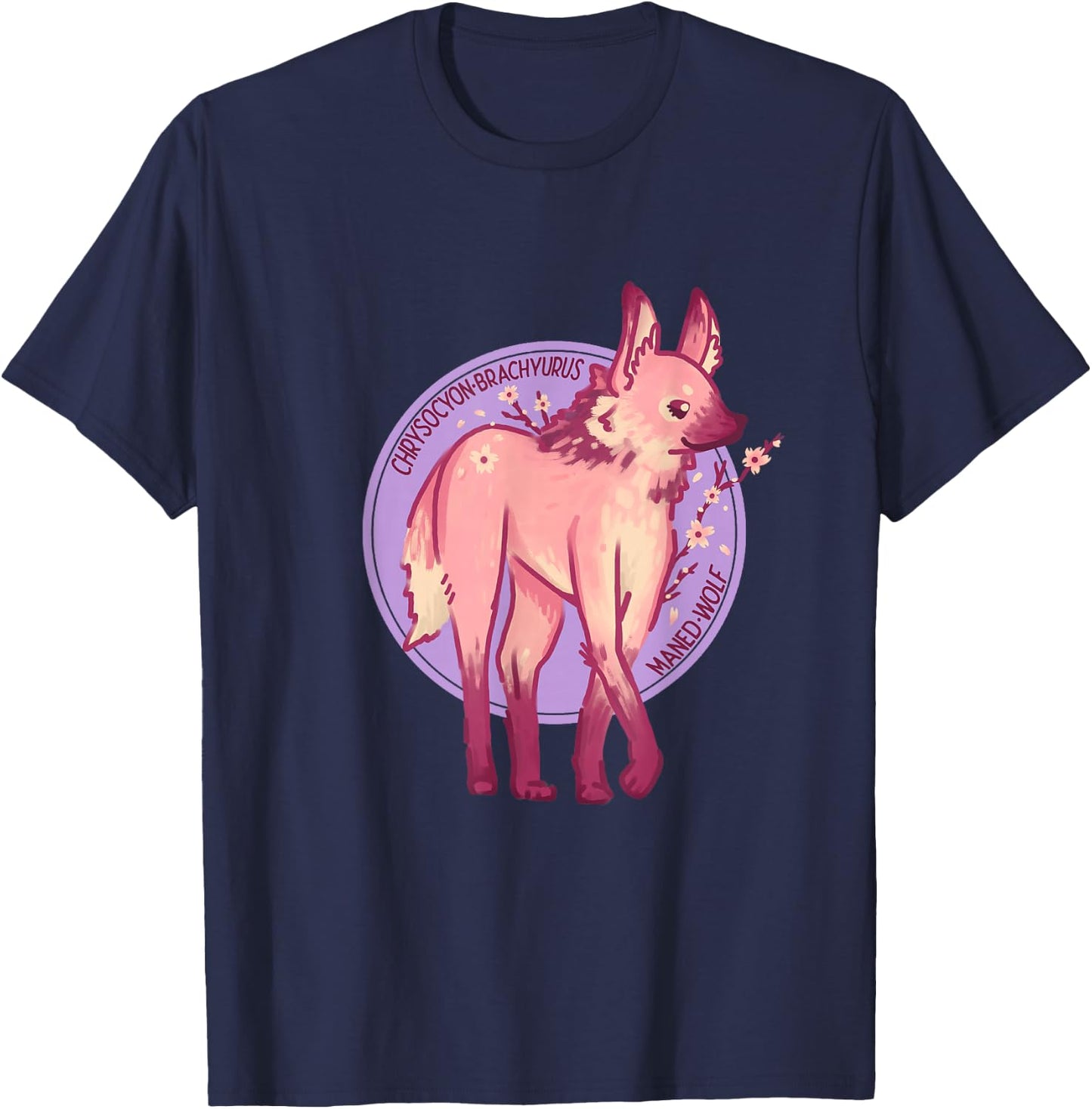 Cute Pink Maned Wolf Fox Dog Cherry Blossom Flowers T-Shirt - T-Shirt | Navy