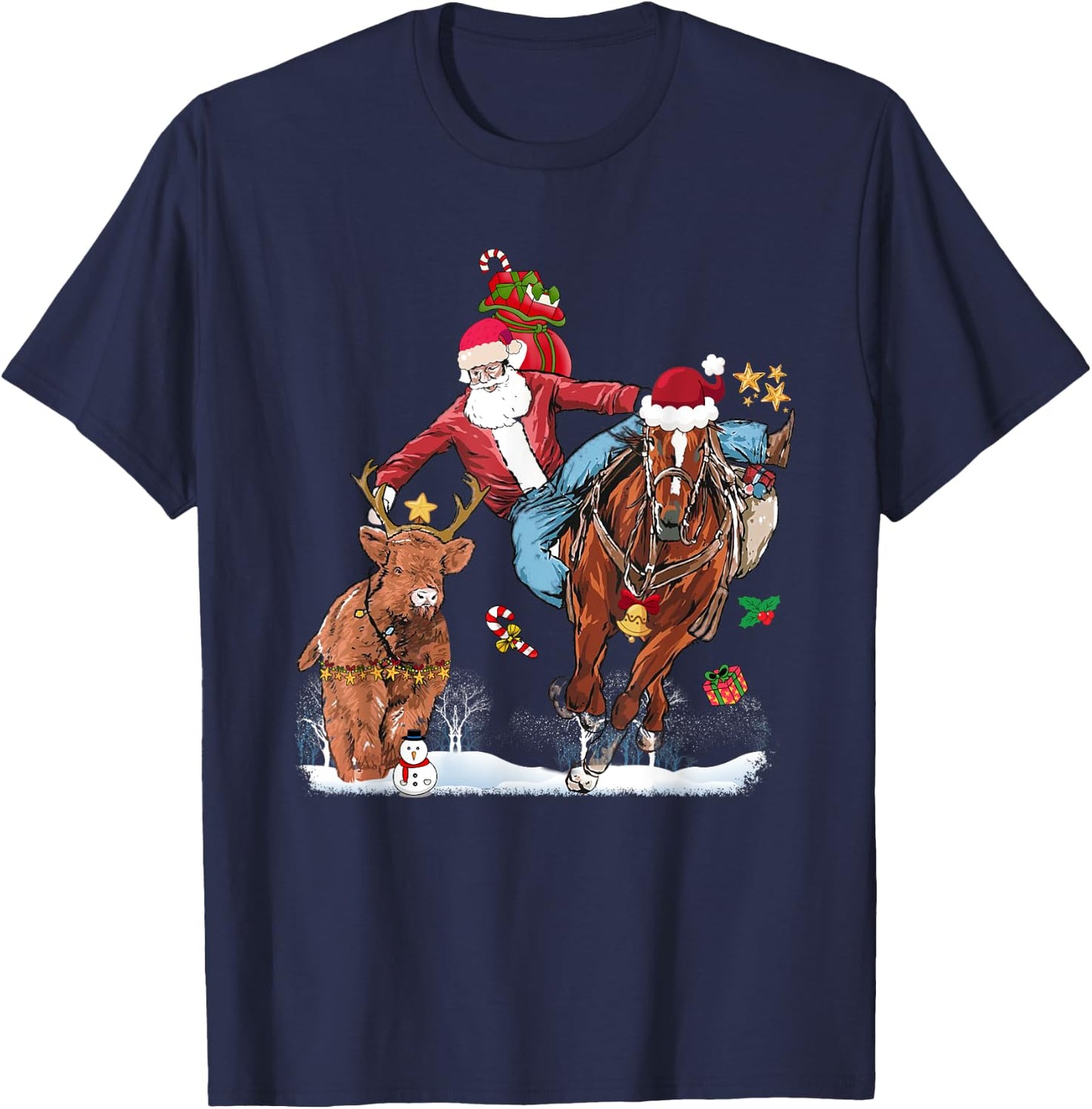 Cowboy Santa Bulldogging Western Cowboy Xmas Funny Christmas T-Shirt - T-Shirt | Navy