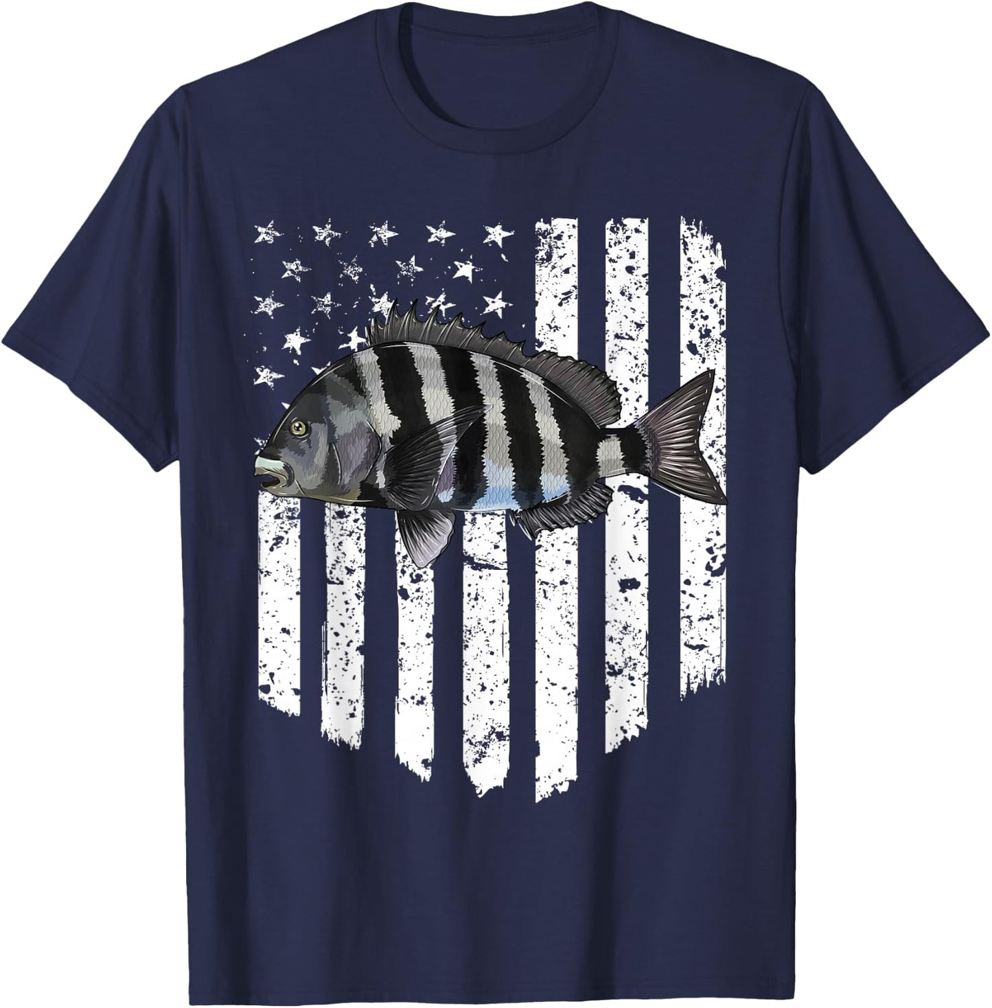 Black White American Flag Sheepshead 4th Of July Fish T-Shirt - T-Shirt | Navy