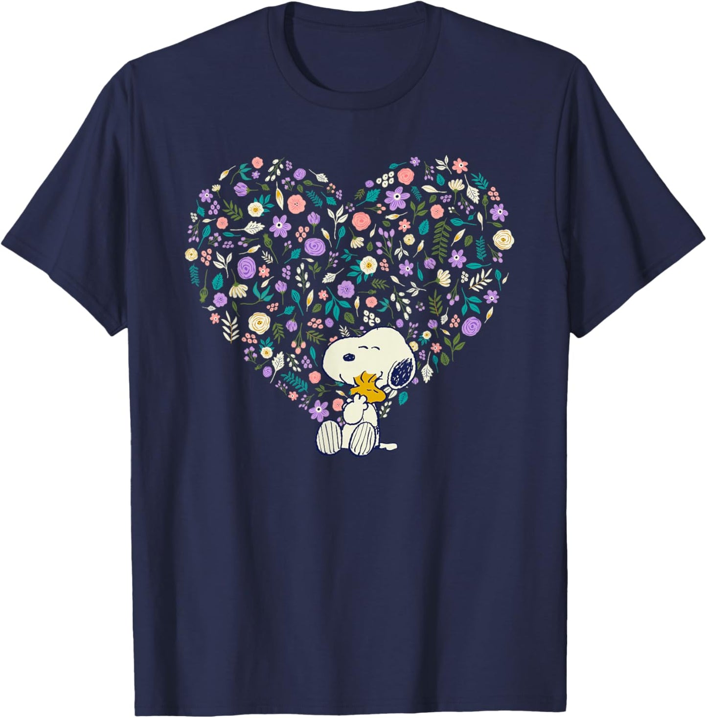 Peanuts Snoopy & Woodstock Hug Floral Heart T-Shirt - T-Shirt | Navy
