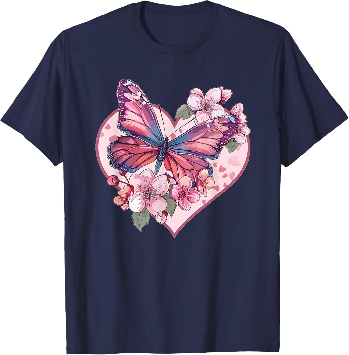 Colorful Butterfly With Flowers I Butterfly T-Shirt - T-Shirt | Navy