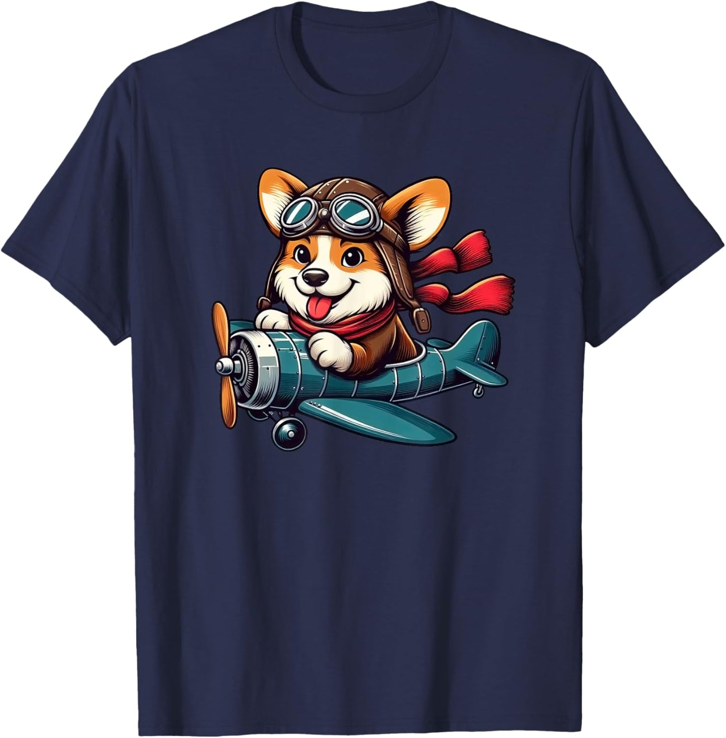Corgi Pilot Dog Funny Aviator T-Shirt - T-Shirt | Navy