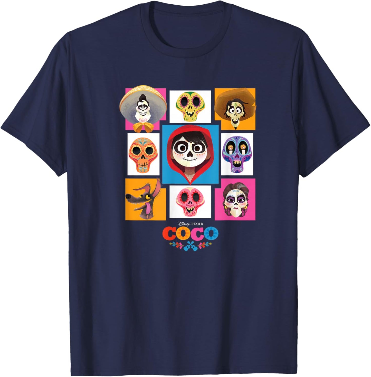 Disney Pixar Coco Main Characters Group Shot Chest Panels T-Shirt - T-Shirt | Navy