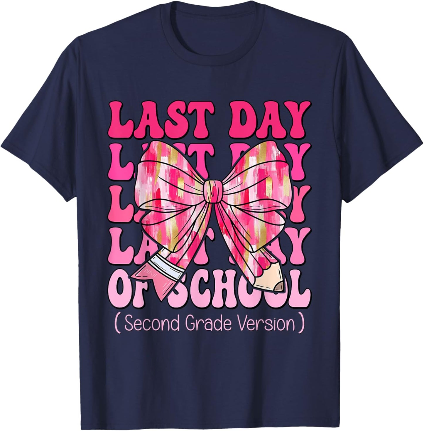 Coquette Bow Pencil Last Day Of School Second Grade Version T-Shirt - T-Shirt | Navy