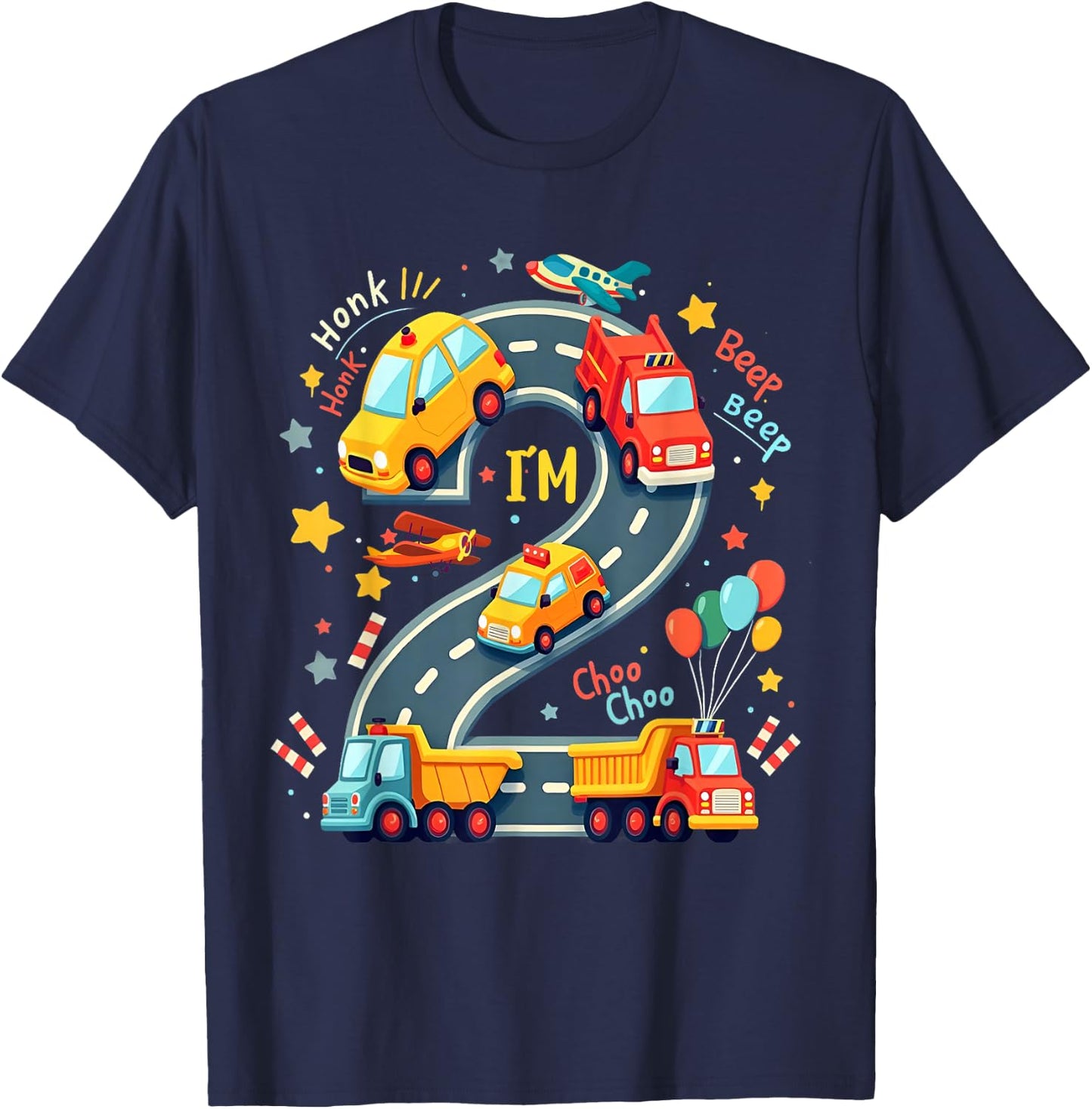 2 Year Old Birthday Boy Party Truck Car Transportation Kids T-Shirt - T-Shirt | Navy
