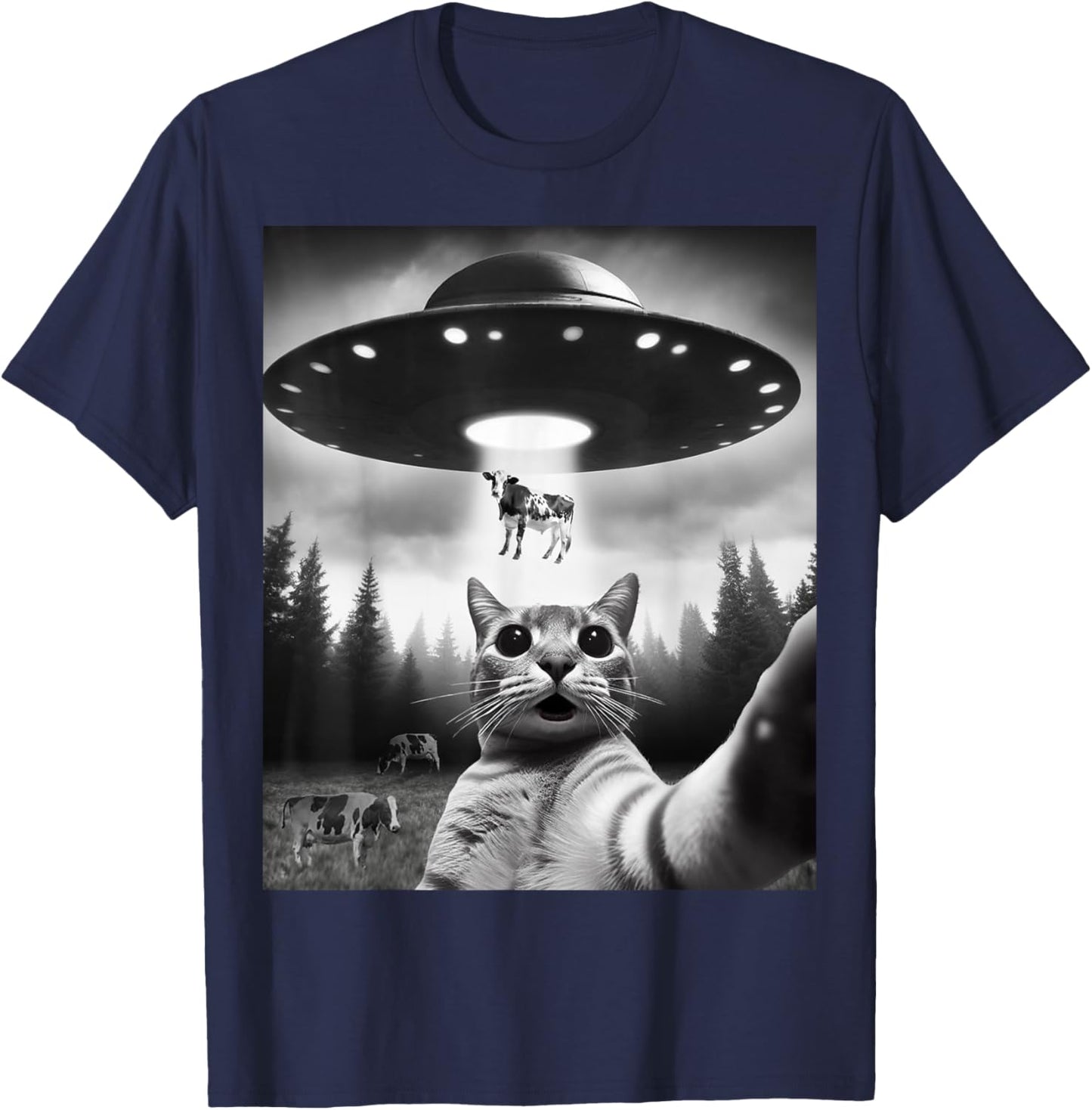 Funny Cat Selfie Flying Alien UFO Abducting Cow Cryptid Men Women Girls Kids T-Shirt - T-Shirt | Navy