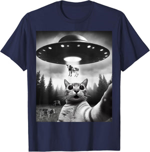Funny Cat Selfie Flying Alien UFO Abducting Cow Cryptid Men Women Girls Kids T-Shirt - T-Shirt | Navy