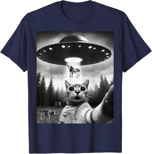 Funny Cat Selfie Flying Alien UFO Abducting Cow Cryptid Men Women Girls Kids T-Shirt - T-Shirt | Navy