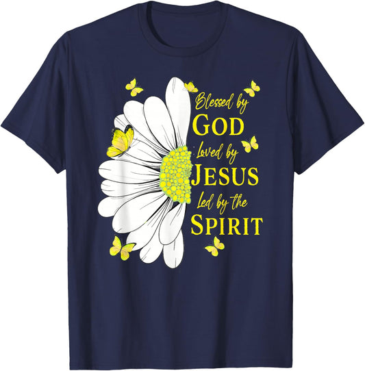 Christian Faith, Blessed By God Loved By Jesus Daisy T-Shirt - T-Shirt | Navy