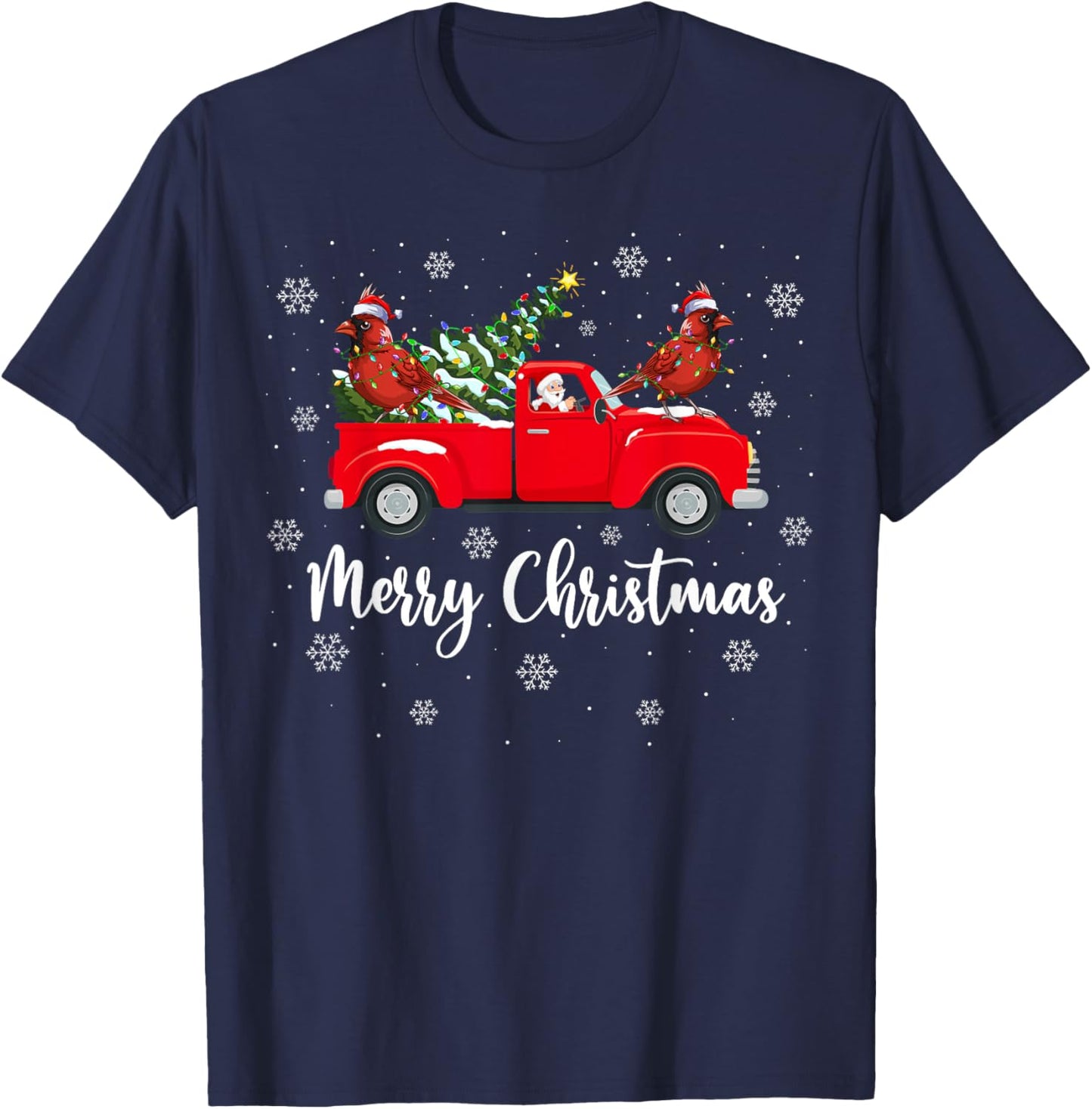 Santa Riding Red Truck Northern Cardinal Bird Christmas T-Shirt - T-Shirt | Navy