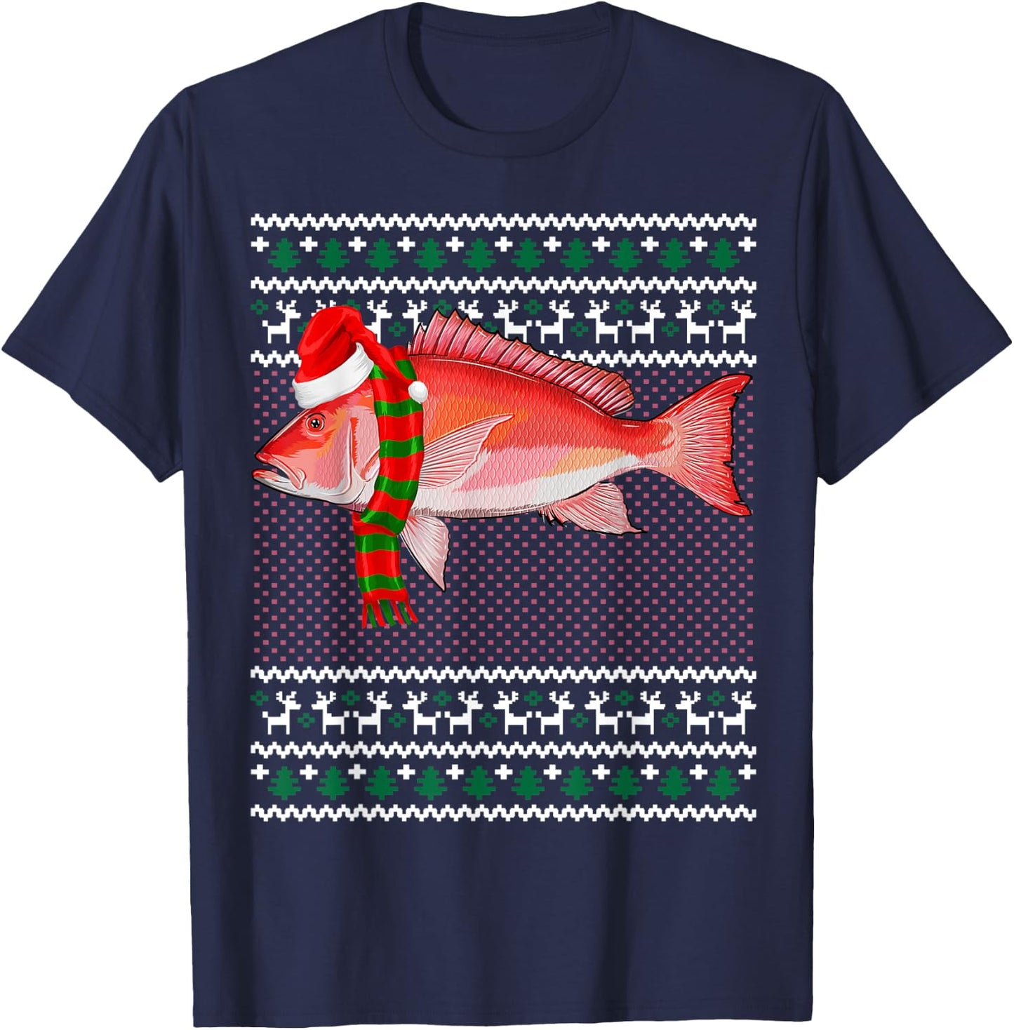 Funny Xmas Santa Hat Red Snapper Ugly Christmas T-Shirt - T-Shirt | Navy