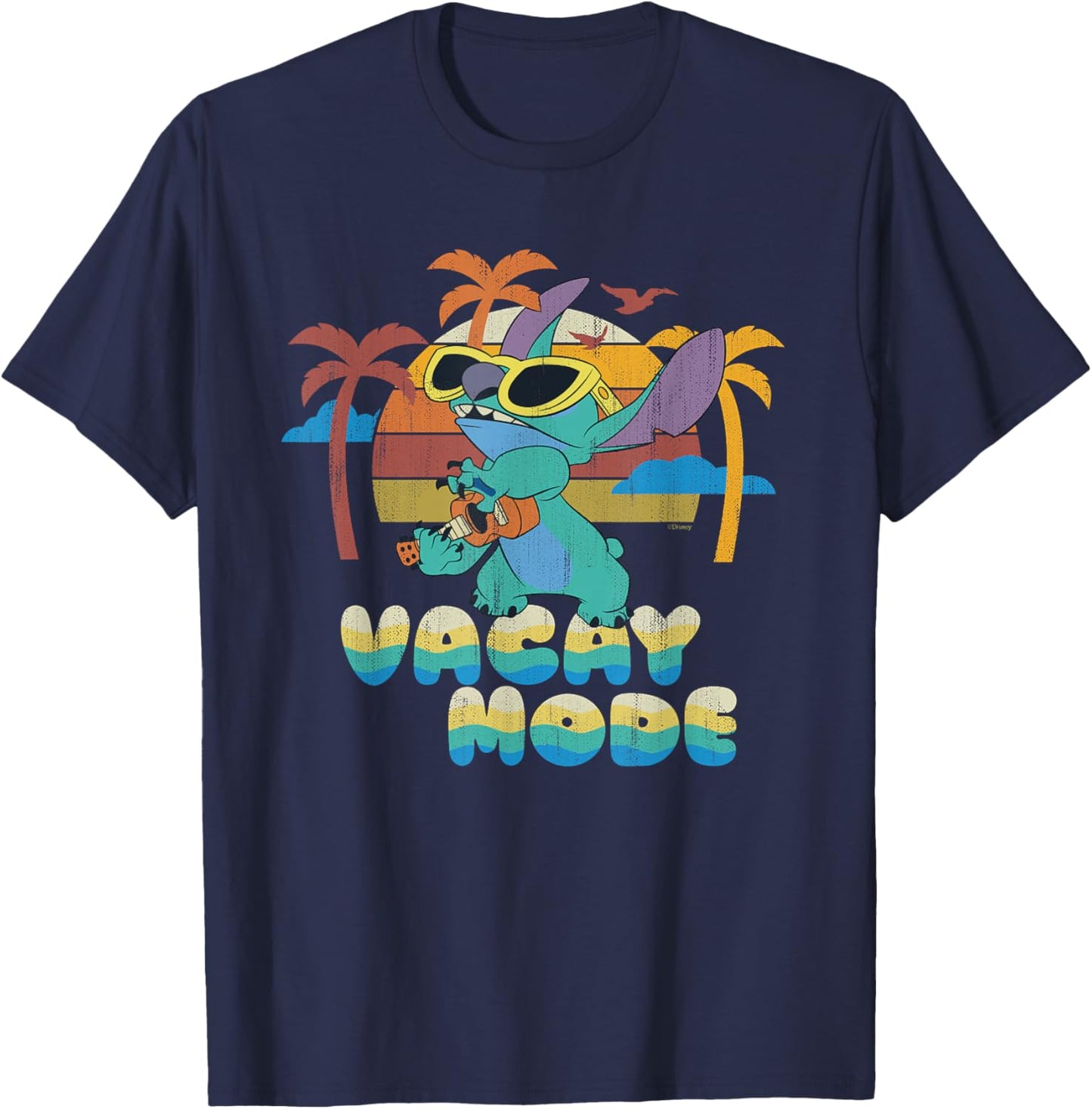 Disney Stitch Island Vacay Mode Retro Distressed T-Shirt - T-Shirt | Navy
