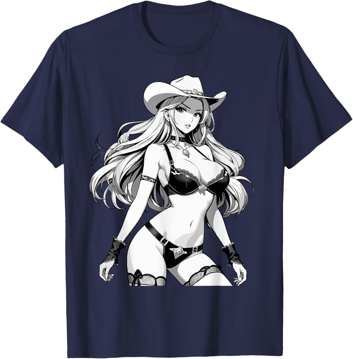 Sexy Waifu Anime Cowgirl Japanese in Black and White Art T-Shirt - T-Shirt | Navy