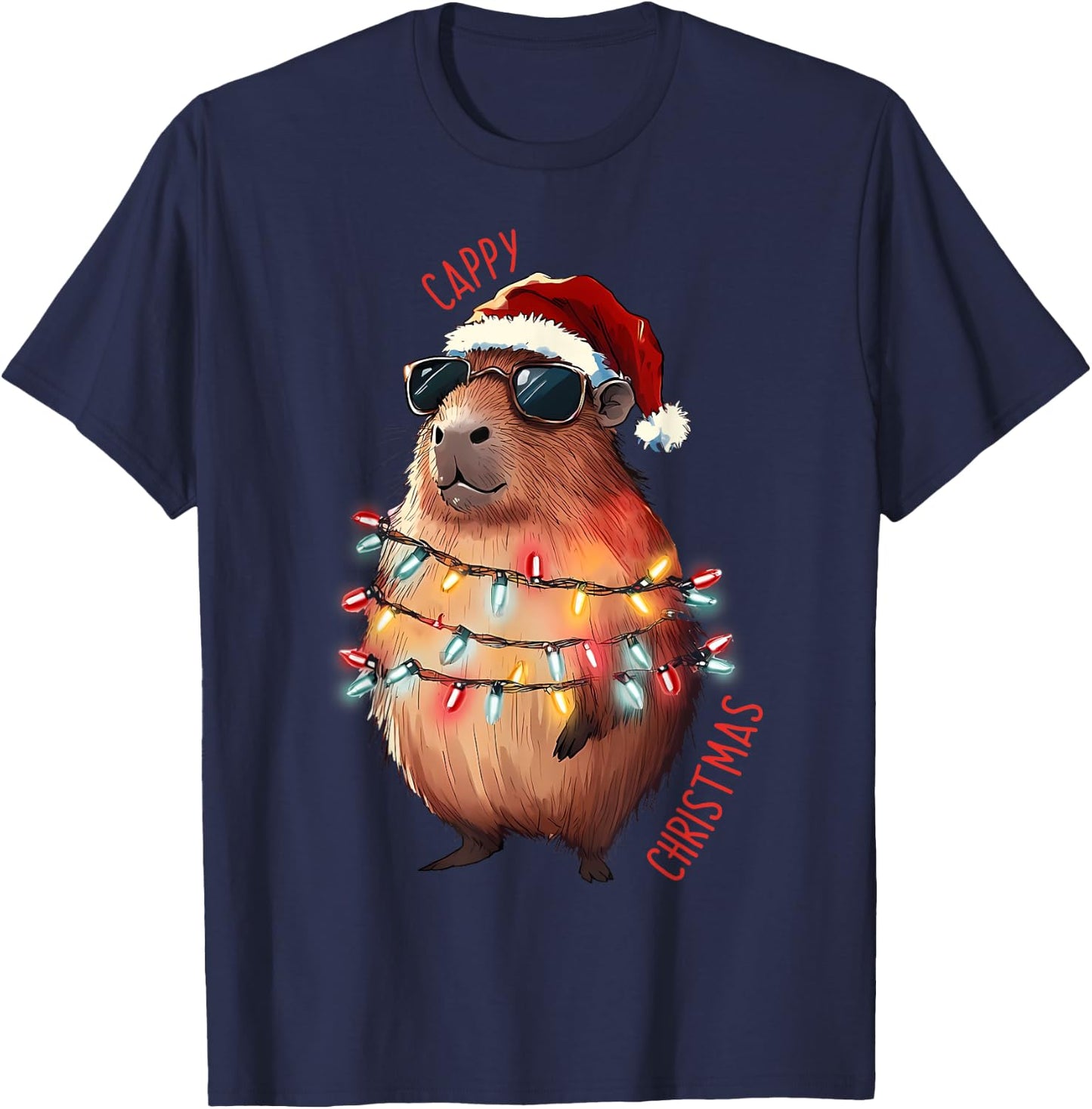 Cute Capybara Christmas Lights With sunglass Animal Lover T-Shirt - T-Shirt | Navy
