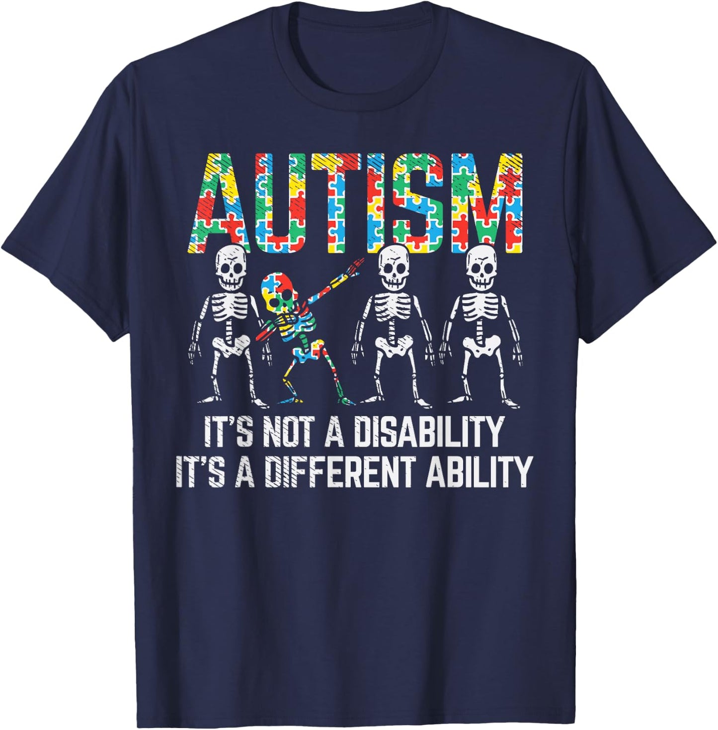Dabbing Skeleton Not A Disability Autism Awareness Kids Boys T-Shirt - T-Shirt | Navy