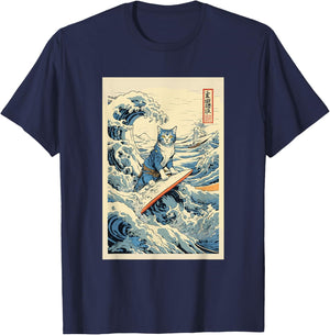 Surfing Cat Hokusai Great Wave Off Kanagawa Japanese Art T-Shirt - T-Shirt | Navy