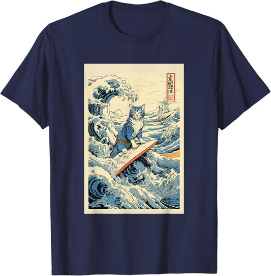Surfing Cat Hokusai Great Wave Off Kanagawa Japanese Art T-Shirt - T-Shirt | Navy