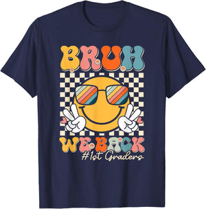Bruh We Back 1st Graders Smile Face 1st Day of First Grade T-Shirt - T-Shirt | Navy