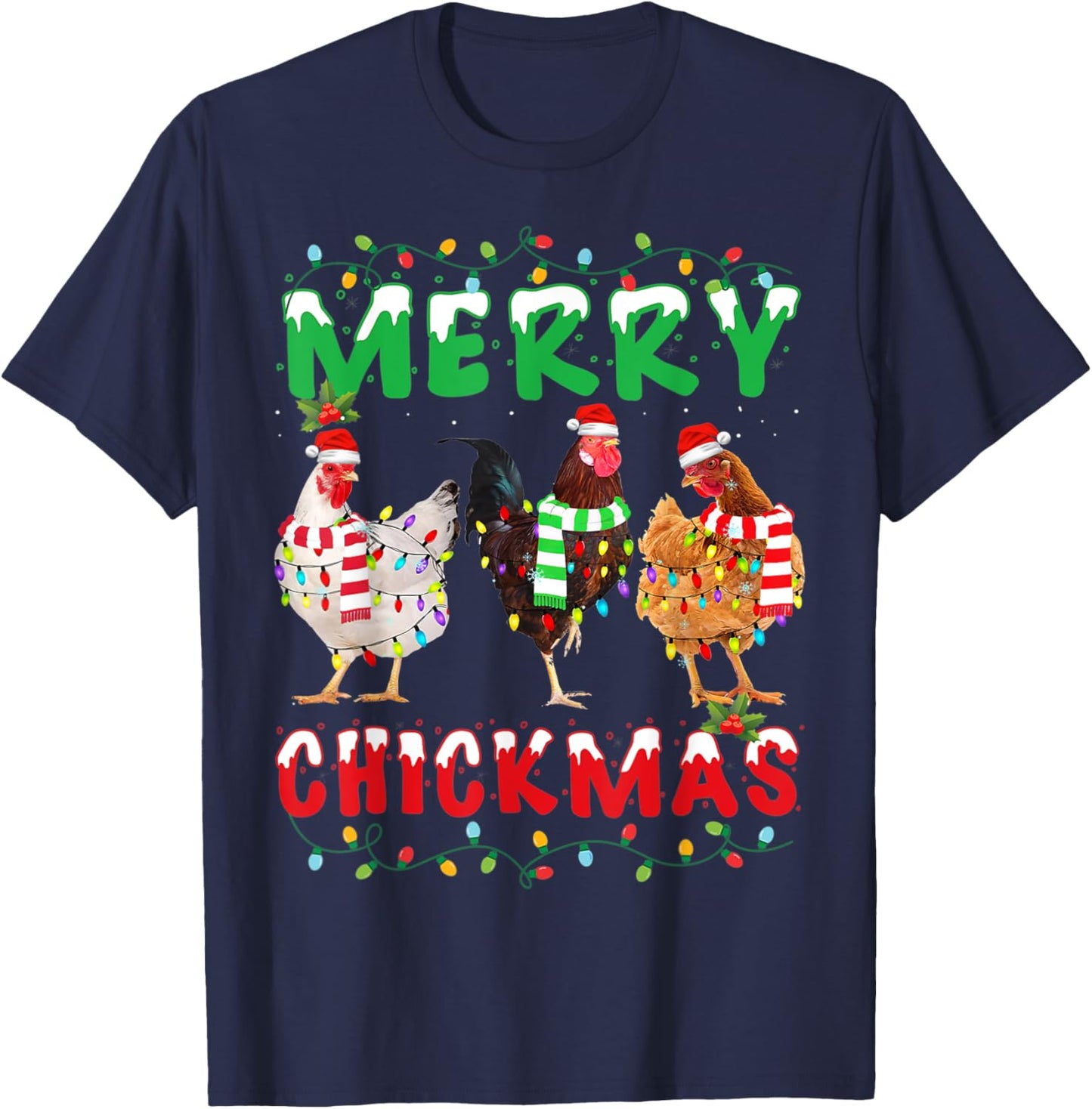 Merry Christmas Chicken Shirt Santa Hat Lights Funny Gift T-Shirt - T-Shirt | Navy