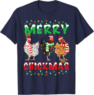 Merry Christmas Chicken Shirt Santa Hat Lights Funny Gift T-Shirt - T-Shirt | Navy