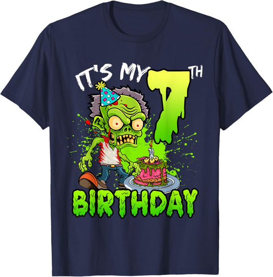 It's My 7th Birthday Zombie Lover 7 Year Old Boys Girls T-Shirt - T-Shirt | Navy