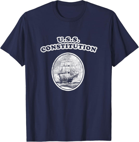Retro USS Constitution Design by Turbo Volcano T-Shirt - T-Shirt | Navy