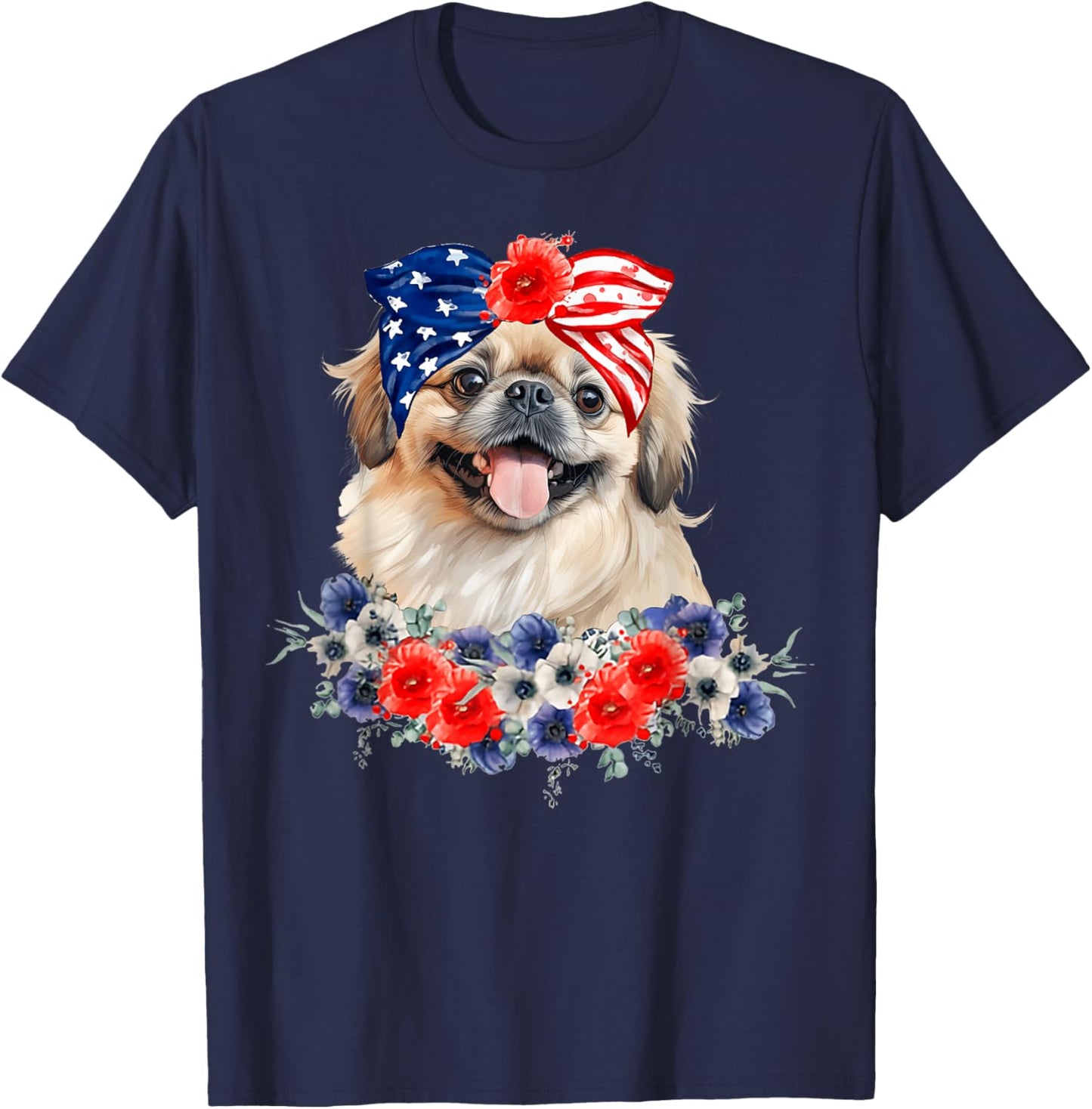 Pekingese Dog Bandana American Flag 4th Of July Women Kids Men T-Shirt - T-Shirt | Navy