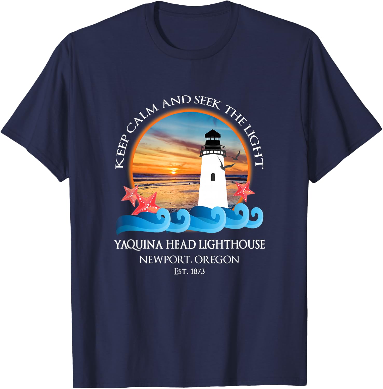 Yaquina Head Lighthouse Newport Oregon Beach Ocean Souvenir T-Shirt - T-Shirt | Navy